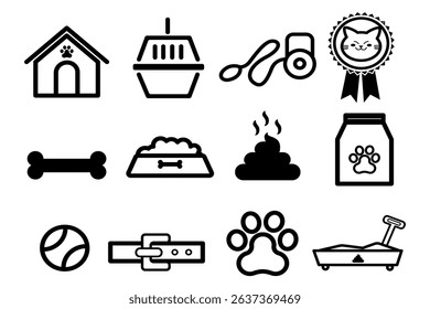 Set of linear icons of pet care in cartoon style.Vector illustration: house,pet container,veterinary stethoscope,pet medal,bone, food bowl,excrement,ball,collar, paw,tray isolated on white background.