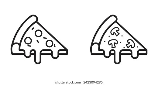 A set of linear icons, a piece of flavorful pizza with mushrooms and sausage. Pizza icon.