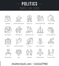 Set of linear icons of politics with names.