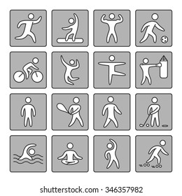 Set of linear icons for popular sports. Vector shapes athletes on a white background.