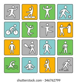 Set of linear icons for popular sports. Vector shapes athletes on a white background.