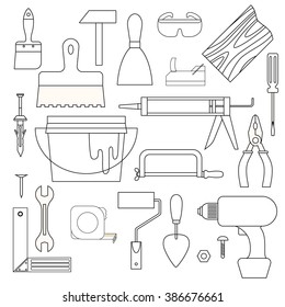 Set of linear icons of proportionate construction tools scattered on white background.