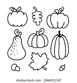 A set of linear icons of pumpkins and autumn leaves. Vector illustration