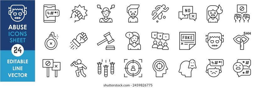 A set of linear icons related to abuse. Abuse, violence, insult, crime, assault and so on. Outline icons set.