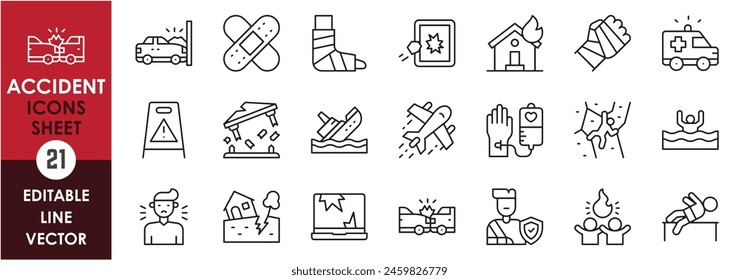 A set of linear icons related to accident. Outline icons of car, ship, plane accidents and injuries.