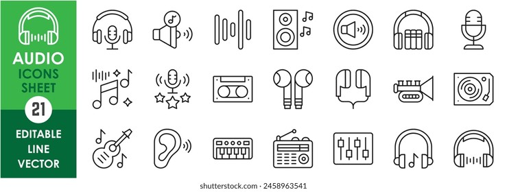 Conjunto de iconos lineales relacionados con el audio. Conjunto de iconos de esquema de la música. 