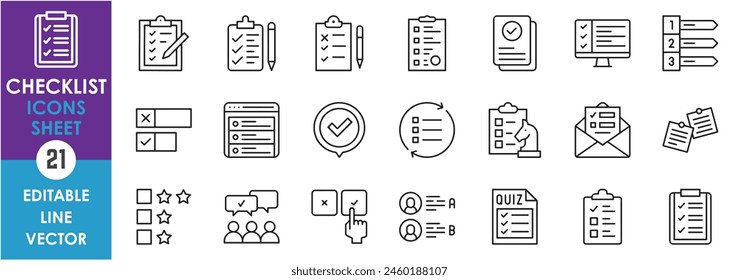 A set of linear icons related to checklist. To do, schedule, time table, routine, quiz and so on. Outline icons set.