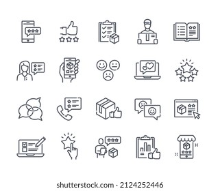 Set of linear icons related to Customer Review. Minimalistic stickers with feedback stars, support service, positive comments and opinions. Cartoon flat vector collection isolated on white background