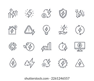 Set of linear icons related to energy. Stickers with alternative electricity sources, lightning bolts and light bulb with electric power. Cartoon flat vector collection isolated on white background