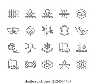 Set of linear icons related to fabrics. Simple stickers with multi layered fabric, cotton, organic material, roll, skein of thread. Cartoon flat vector collection isolated on white background