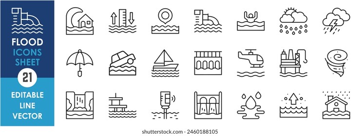 A set of linear icons related to flooding hazard. Outline icons with sea level rise, flood, rain, umbrella, sink, and so on.