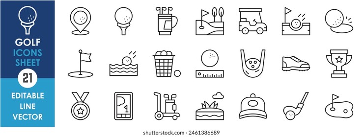 A set of linear icons related to golf. Golf ball, bat, course, outfit and so on. Outline sports icons set.