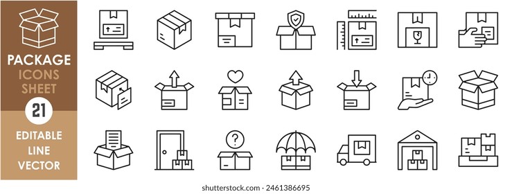 A set of linear icons related to package. Outline icons with parcel, box, delivery and so on.