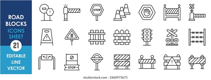 Eine Reihe linearer Symbole, die sich auf Straßensperren beziehen. Straßensperren, Barrieren, Schilder Umrisssymbole gesetzt.