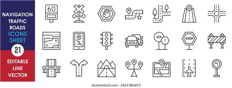 A set of linear icons related to roads and traffic. Navigation and traffic related outline icons set. Barrier, location, signals, roads and so on.