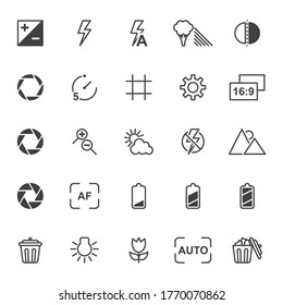 A set of linear icons related to the settings and functionality of the camera. Contains signs of flash, aperture, battery power and others. Isolated vector on a white background.