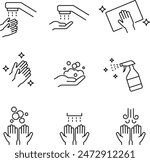 A set of linear icons related to vector hand washing and disinfection