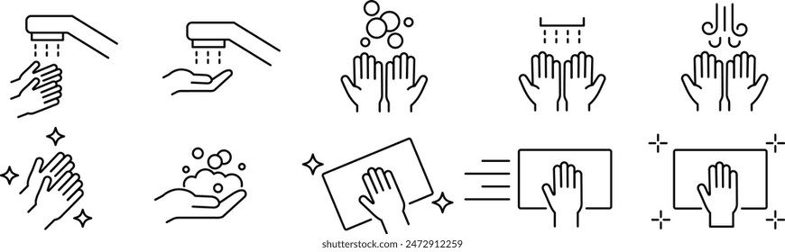 A set of linear icons related to vector hand washing and disinfection