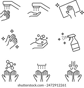 A set of linear icons related to vector hand washing and disinfection