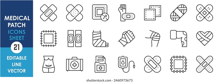 A set of linear icons related to wounds, plaster and medical patches. Healing icons outline styles set.