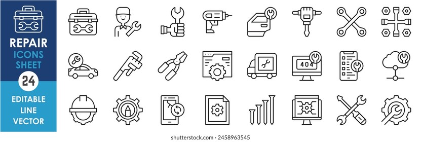 A set of linear icons of repair. Mechanics, instrument, mend, repair related icons set in outline style. Vector illustrations.