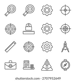 A set of linear icons representing business tools, engineering instruments, and strategic planning elements for design and development.