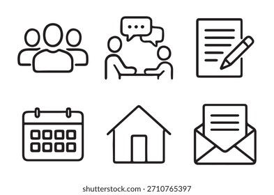 Un conjunto de iconos lineales que representan los conceptos de negocios, comunicación y organización.