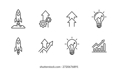 Un conjunto de iconos lineales que representan el crecimiento del negocio, en particular con un estilo de silueta distintivo.