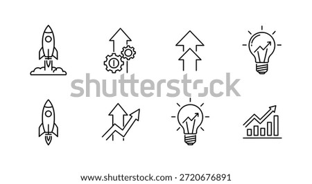 A set of linear icons representing business growth, notably featuring a distinctive silhouette style.