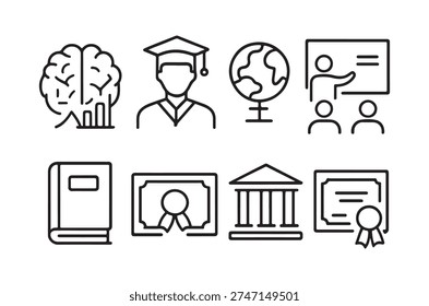 A set of linear icons representing diverse aspects of education and intellectual pursuits.