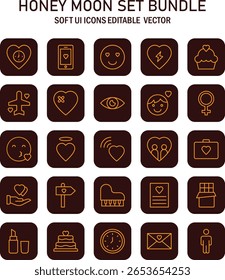 A set of linear icons representing love symbols, objects, and human figures associated with romantic relationships and