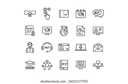 A set of linear icons representing various aspects of education, online learning, and academic achievements, including graduation caps, certificates, and online resources.
