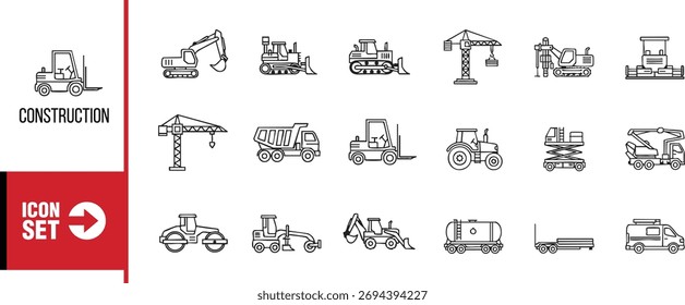 A set of linear icons representing various construction vehicles and equipment, perfect for illustrating building, road work, and engineering projects. Vector format available.