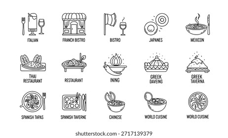 Um conjunto de ícones lineares que representam várias cozinhas e restaurantes internacionais. A coleção inclui símbolos para comida italiana, francesa, japonesa, mexicana, tailandesa, grega e espanhola.