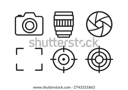 A set of linear icons representing various photography tools and focusing features.
