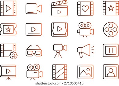 Conjunto de iconos lineales que representan la producción de video, la visualización de películas, la reproducción de medios digitales, la realización de películas y los Elementos de tecnología de entretenimiento para interfaces modernas.