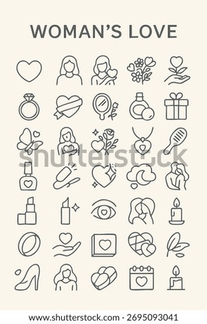 Set of Linear Icons Representing Woman's Love, Romance, Feminine Beauty, Relationships, and Self-Care Themes.