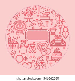 Set of linear icons. Romance. Valentine's Day with holiday symbols. Cupid, flower, diamond, heart. The icons are arranged in a circle.