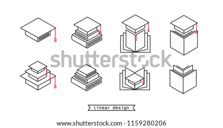 set of linear icons for school or college or university graduation or study, graphic metaphors, logo