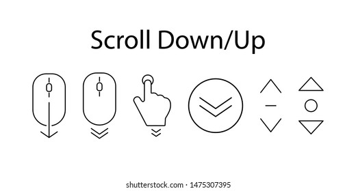 Set Of Linear Icons Scroll Down, Up. Set Of Scrolling Icons For A Website, Web Design, Mobile Apps. Scrolling Symbol For Web Design Isolated On White Background. Trend Line Design. Computer Mouse Icon