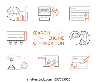 Set of linear icons for search engine optimization. Vector linear symbol for seo. Open path.