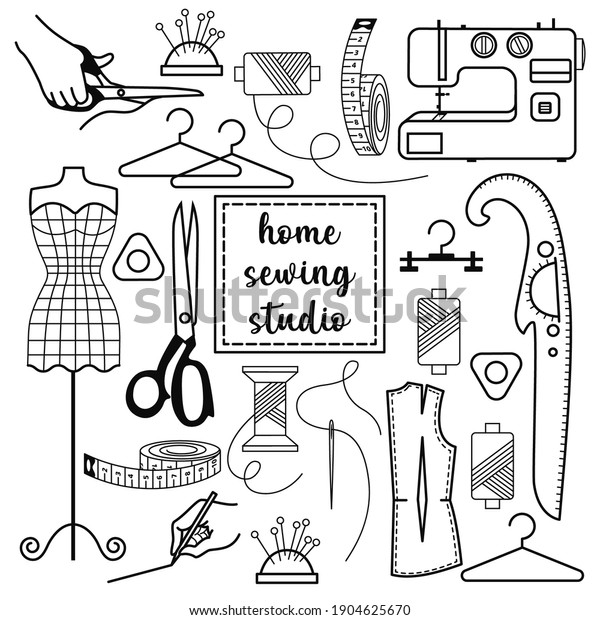 set of linear icons for sewing items. home sewing\
studio in black and white hand drawings, seventeen different\
images. illustration on the topic of a hobby or small business.\
stock vector EPS 10.