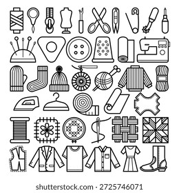 Conjunto de ícones lineares para costura, bordado e tricô. Ilustração vetorial