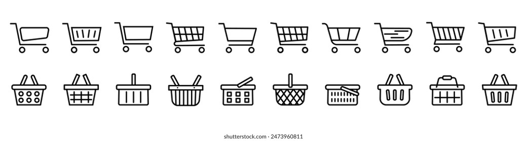 Set of linear icons of shopping cart and shopping cart. Trolley and grocery basket.
 Blank template.
Vector illustration.