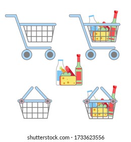Set of linear icons of shopping carts and baskets. Buying food. Vector illustration.