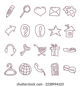 set of linear icons in a simplified children's style for the site, application. letter, heart, setting, pencil, gift, key, phone, door, basket, message, house, hand, question. thin black outline.