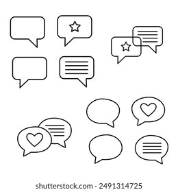 Set of linear icons of speech bubbles round and rectangular in hand drawn style. Star, text, empty space and place for text, appreciation, heart, like