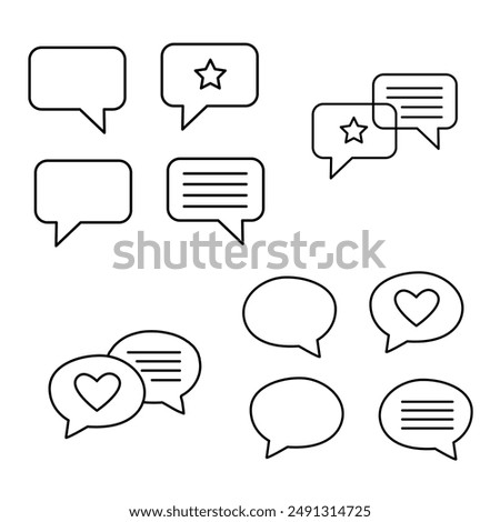 Set of linear icons of speech bubbles round and rectangular in hand drawn style. Star, text, empty space and place for text, appreciation, heart, like