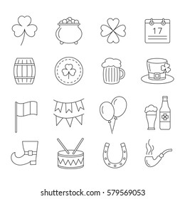Set of linear icons for St. Patrick's Day holiday. Vector illustration.