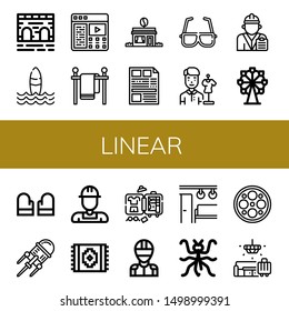 Set of linear icons such as Bridge, Surf, Description, Clothes line, Coffee shop, Newspaper, d glasses, Designer, Engineer, Ferris wheel, Gloves, Nanotechnology, Worker , linear